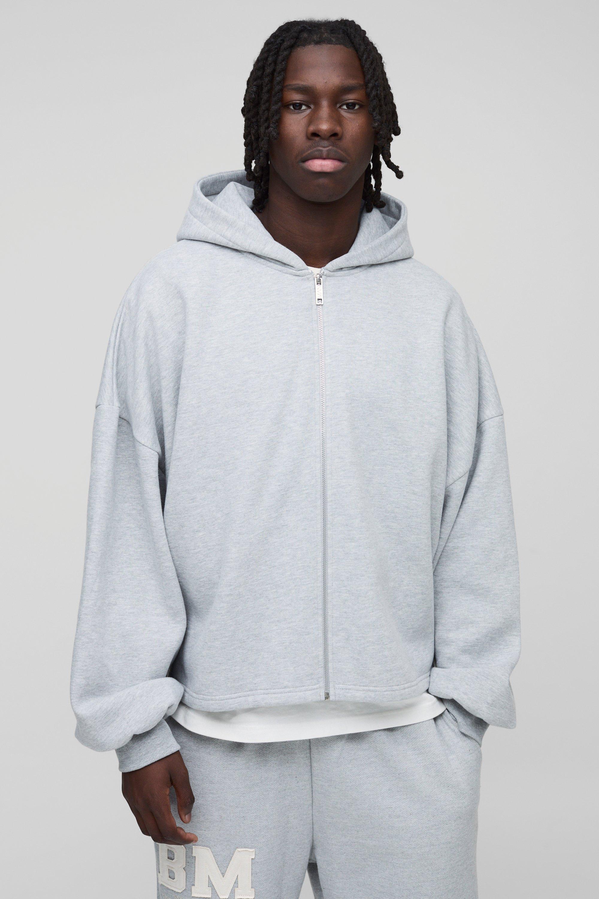 Mens Grey Extreme Oversized Boxy Zip Through Hoodie, Grey